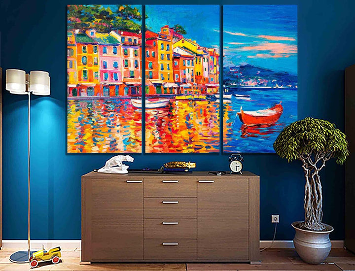 Kunstdruck auf Leinwand, Motiv Stadt und Boote, 3-teilig, 50 x 25 cm, 3 Stück 50 x 25cm (20 x 10 inc