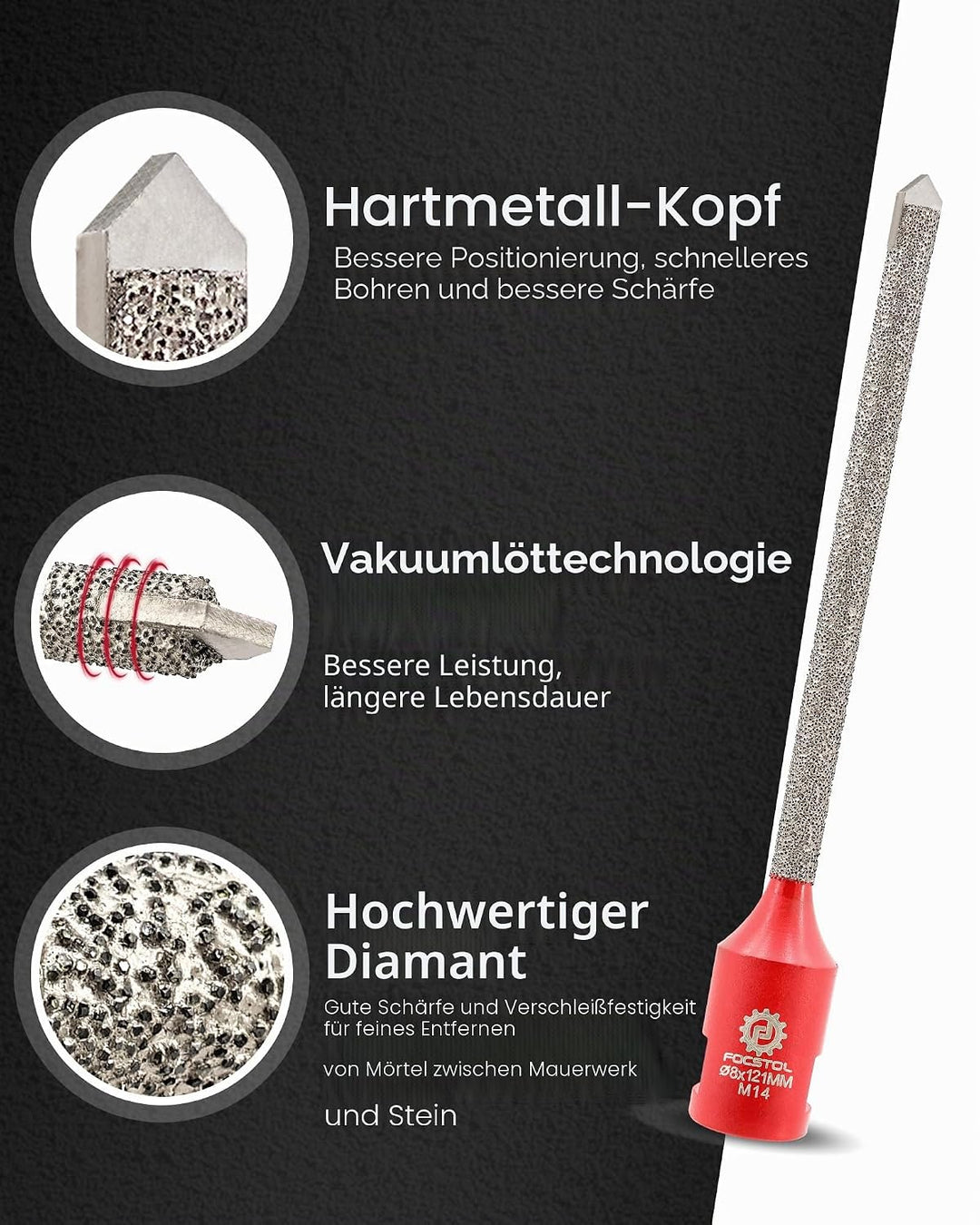FOCSTOL Diamant Mörtel Hakenbohrer - 8mm x 121mm Diamant Mörtelfräser mit Hartmetallbestückung für M