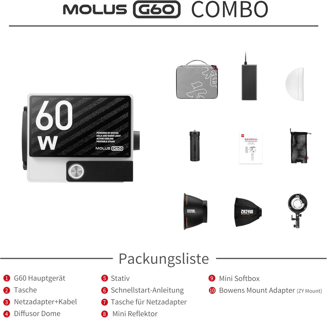 ZHIYUN Molus G60 Combo [Official] Videoleuchte 60W, COB LED Videolicht Tragbar, Bi-Color Streaming L