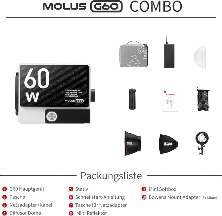ZHIYUN Molus G60 Combo [Official] Videoleuchte 60W, COB LED Videolicht Tragbar, Bi-Color Streaming L