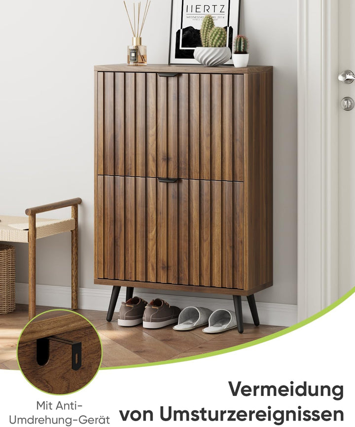 Schuhschrank, 60x24x94 cm, Walnussfarbe, 2 Klappen, 4 verstellbare Fächer, für 8-12 Paar Schuhe