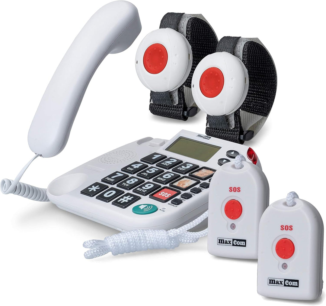 Maxcom KXTSOS: Seniorentelefon, schnurgebundenes Festnetztelefon mit 2 Armband- und 2 Umhängesender,