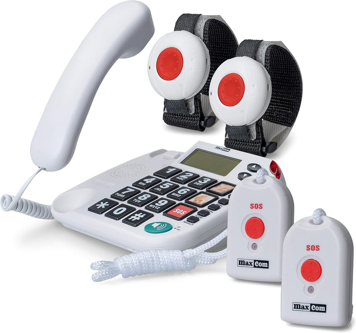 Maxcom KXTSOS: Seniorentelefon, schnurgebundenes Festnetztelefon mit 2 Armband- und 2 Umhängesender,