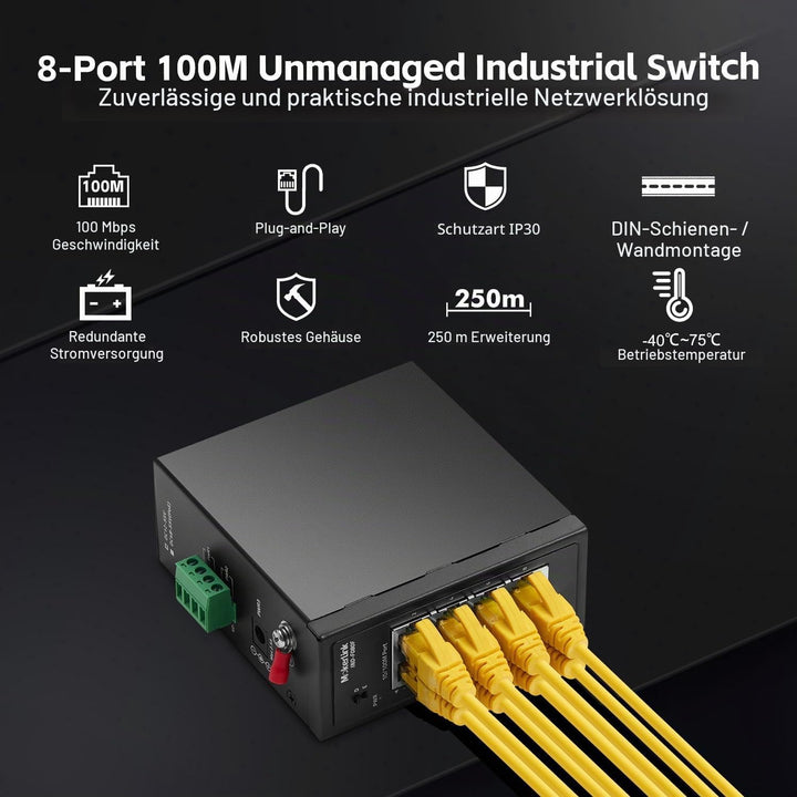 MokerLink 8-Port-Industrie-DIN-Schienenschalter, 8 x 10/100 Mbit/s Ethernet-Ports, Reichweite 250 m,