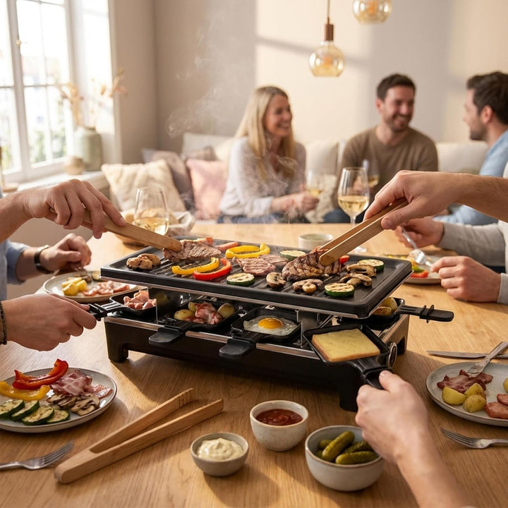 2-in-1 Raclette Set 8 Personen mit 8 Raclette Pfännchen, 40 x 20 cm | Antihaft Beschichtung Grillpfa