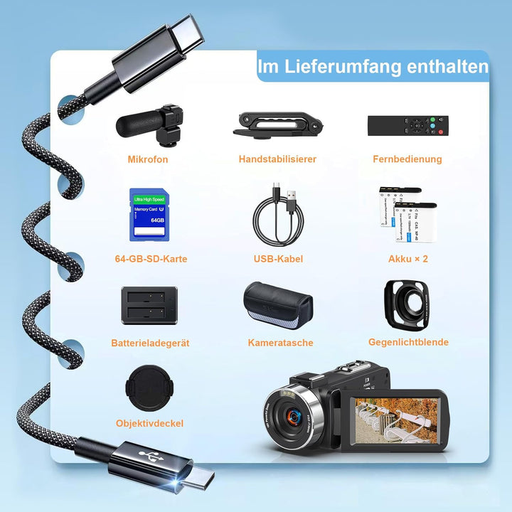 Videokamera Camcorder 8K 64MP WiFi Vlogging Camera mit IR Nachtsicht für YouTube, HD 3.0'' Touchscre