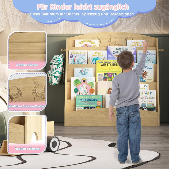Kinder Bücherregal mit 5 offenen Fächern und Haken, Kinderregal Holz, Montessori Aufbewahrungsregal