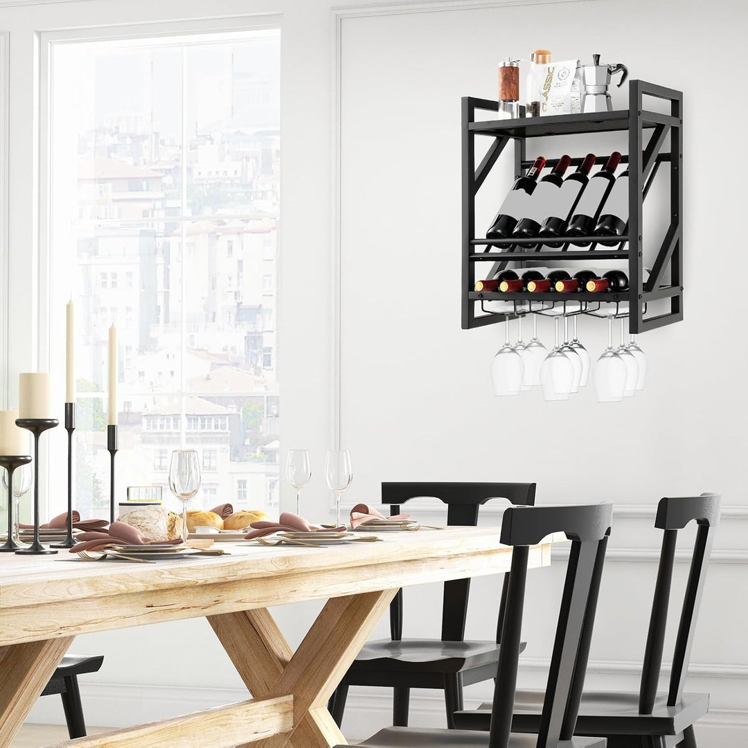 KOMFOTTEU Weinregal Wand, Flaschenregal Holz mit Metallrahmen, dekoratives Wandregal mit Becherhalte