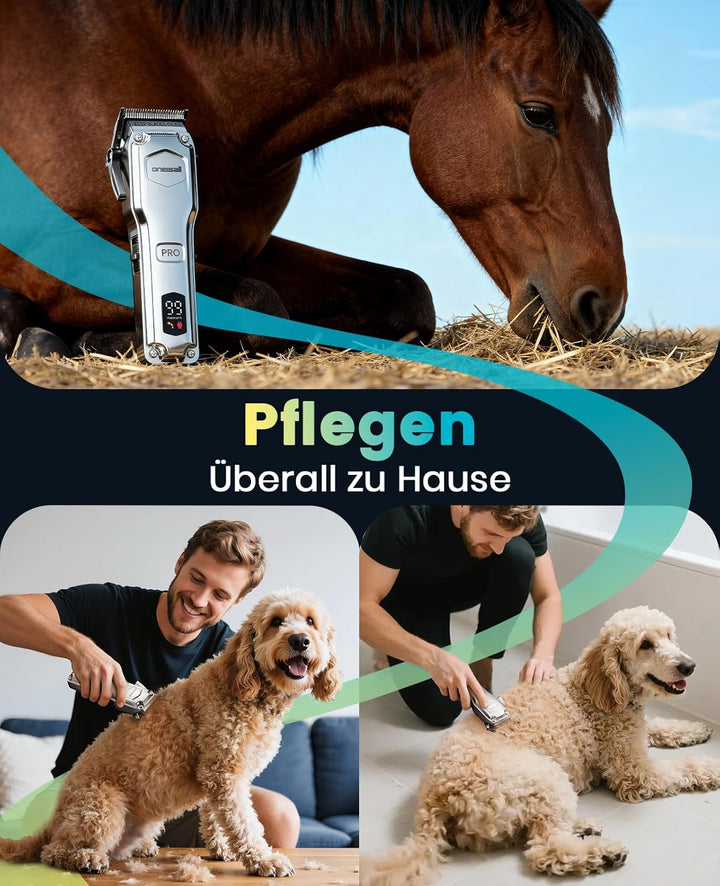 oneisall Kabellose Leise Schermaschine Pferd Hund Langhaar dickes Fell, Hundeschermaschine mit abneh