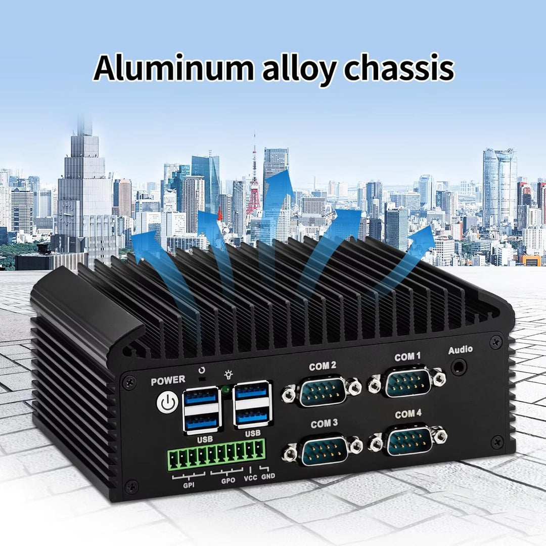 Lüfterlos PC N150(4C/4T) Industrie Mini PC, 4RS232 COM,2RJ45 LAN, 2HD+VGA Triple Display, 6USB, GPIO