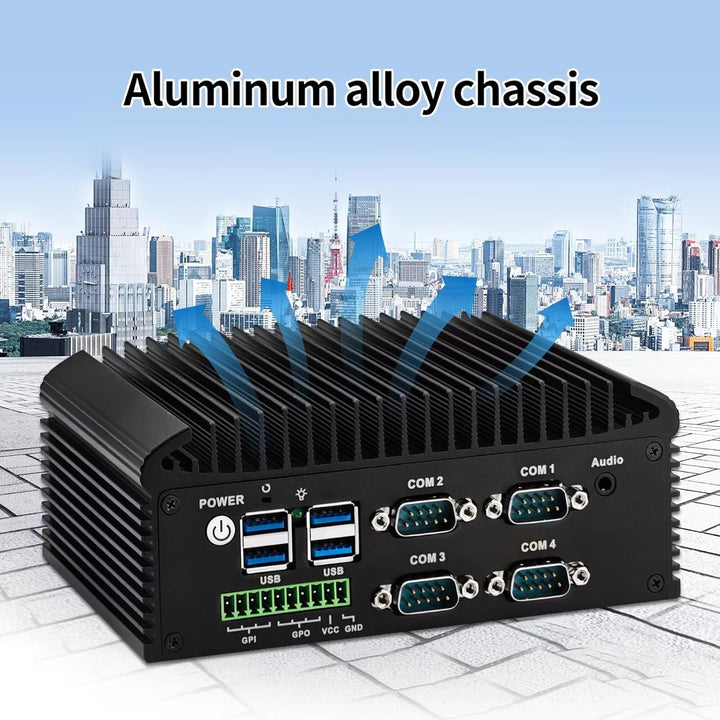 Lüfterlos PC N150(4C/4T) Industrie Mini PC, 4RS232 COM,2RJ45 LAN, 2HD+VGA Triple Display, 6USB, GPIO