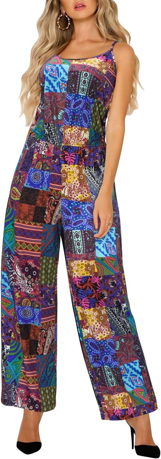 OUGES Damen Sommer Ärmellos Jumpsuit Overall Lang Hosenanzug Casual Playsuit Romper mit Taschen M Fl