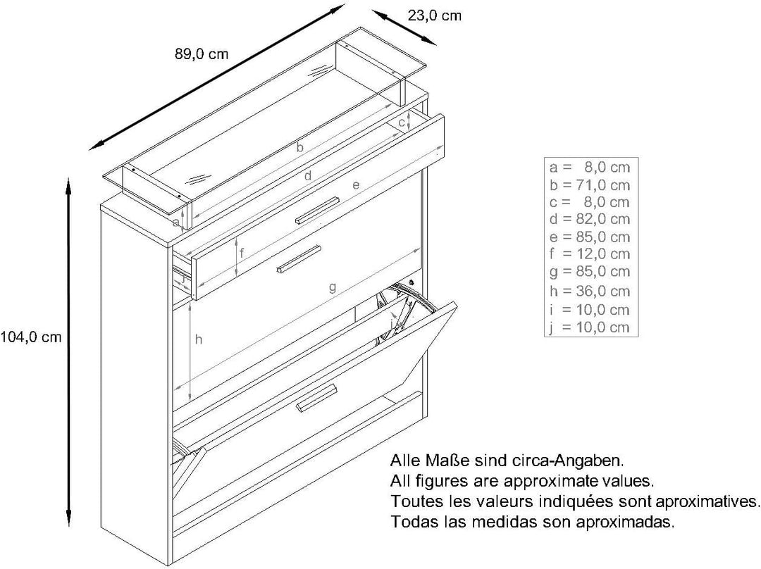 Vladon Schuhschrank Loret 89 x 104 x 23 cm Schuhkipper für 16 Paar Schuhe mit 1 Schublade, 1 Glasabl