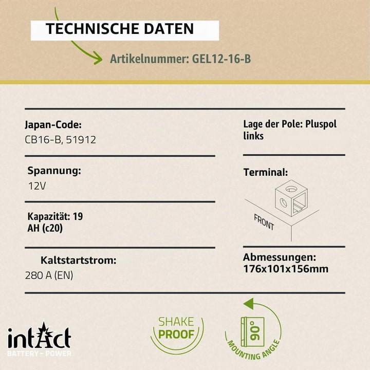 intAct Bike-Power GEL12-6-B, CB16-B, 51912, 12V 19Ah, 280 A (EN) Motorradbatterie Wartungsfreie Gel
