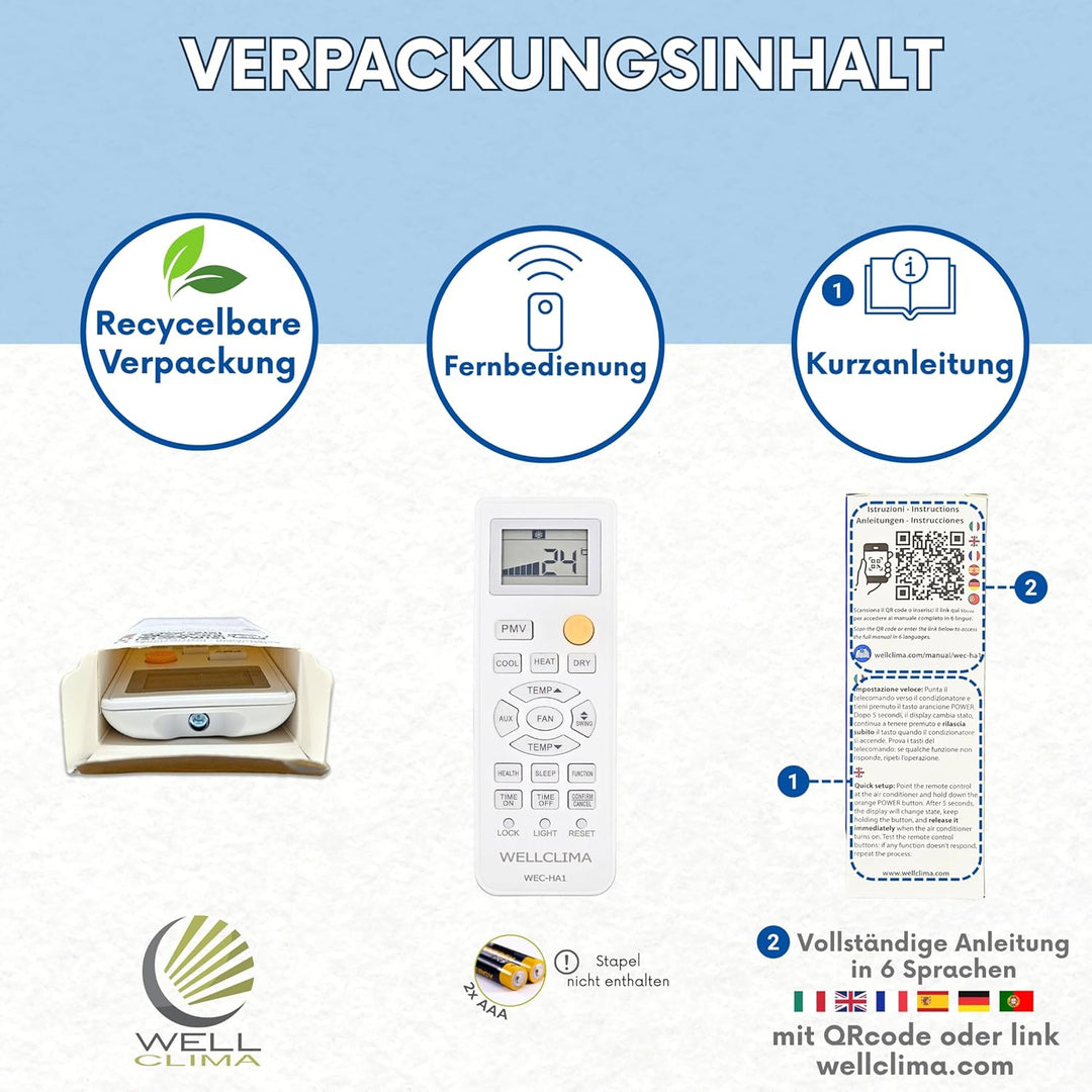 Wellclima WEC-HA1 Fernbedienung für Klimaanlagen für Haier, für HEC, für Candy, Umfangreicher als Un