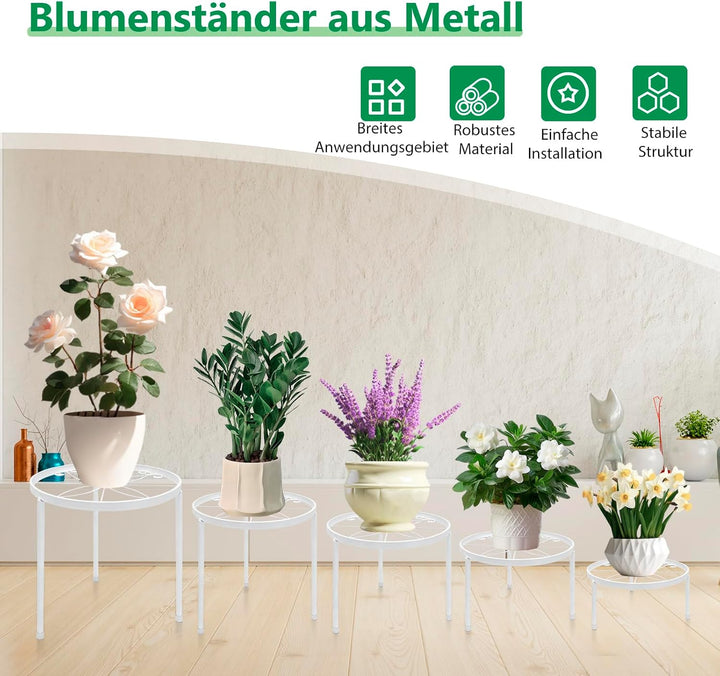Blumenständer aus Metall, 5 Stück Weiss Pflanzenständer für Innen Aussen | Runde Pflanzenregal mit S
