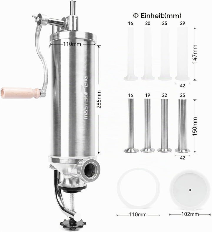 MASTER FENG 5 LBS Wurstfüllmaschine Vertikale Edelstahl-Füllmaschine Mit 8 Fülltrichtern und 1 Silik