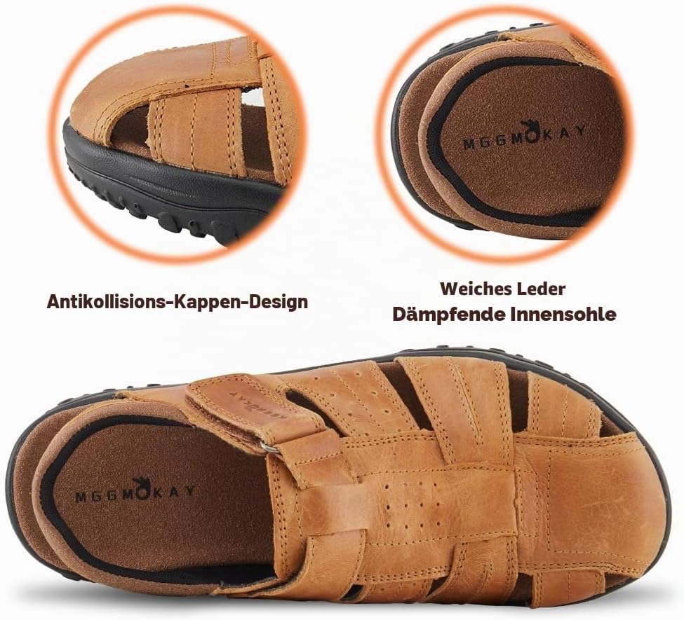 MGGMOKAY Herren Leder Sandalen Fisherman Closed Toe Outdoor Sandales 44 EU Bräunen, 44 EU Bräunen