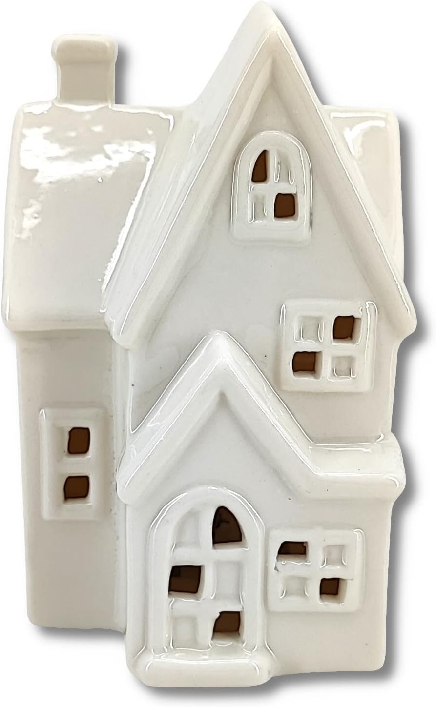 Keramik LED Haus - Lichthaus weiss glänzend 2er Set