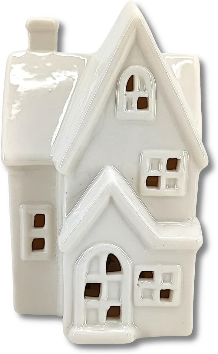 Keramik LED Haus - Lichthaus weiss glänzend 2er Set