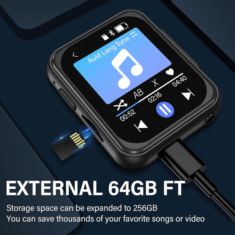 64GB MP3 Player mit Bluetooth 5.4, Full Touchscreen HiFi Verlustfreier Ton Music Player mit 720P HD-