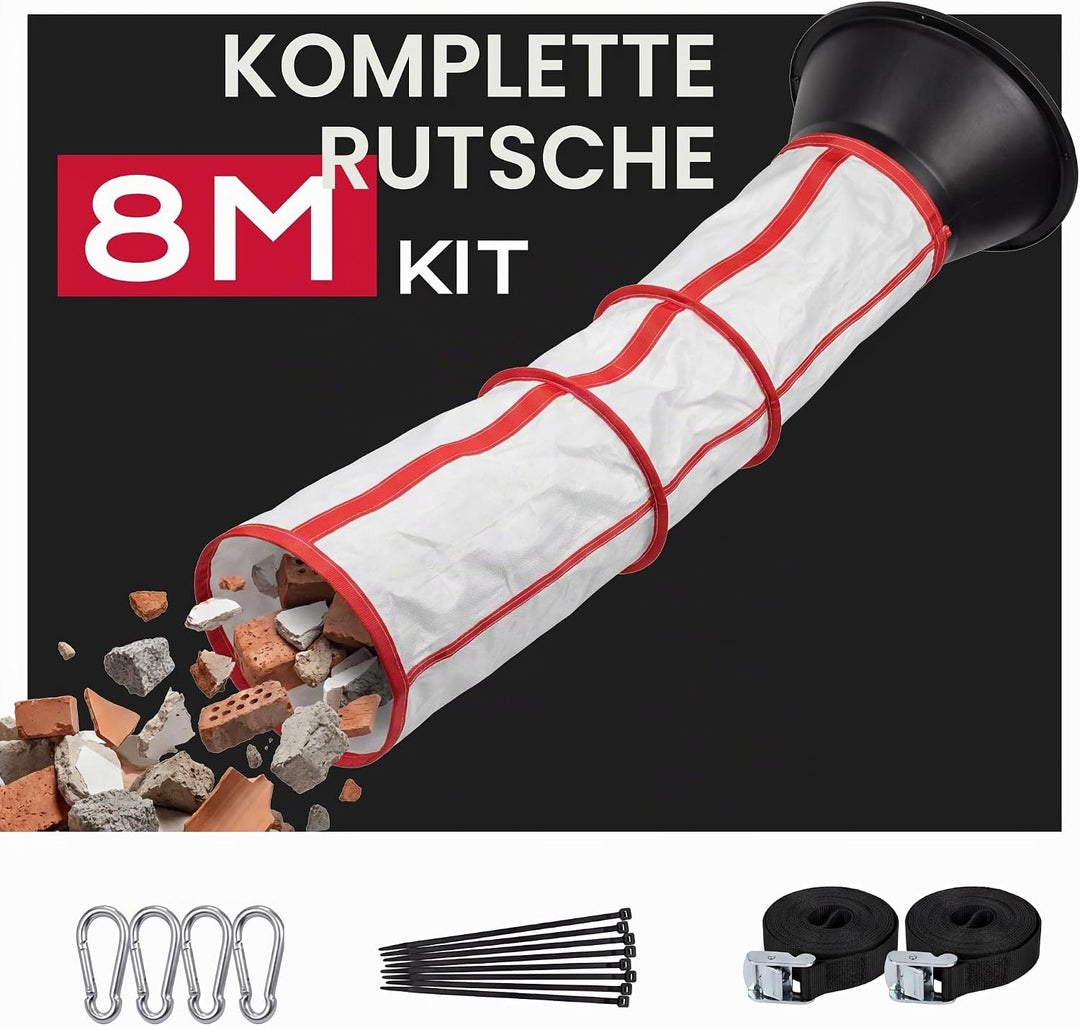 Flexible Schuttrutsche 8m | Bauschuttrutsche mit Einfülltrichter &amp; Spanngurten | Robuste Abfallrutsc