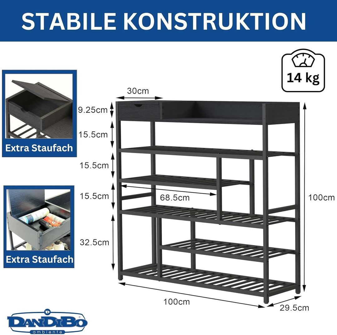 DanDiBo Schuhregal Platzsparend Metall Schwarz Modern 6 Etagen 100 cm mit Ablage Schuhständer mit St