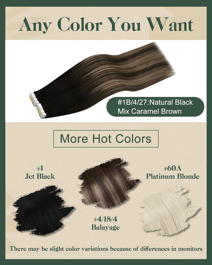 Ugeat 30cm Haarverlängerung Echthaar Tape Schwarz zu Dunkel Braun und Karamell Blond 1B/4/27 Haar Ex