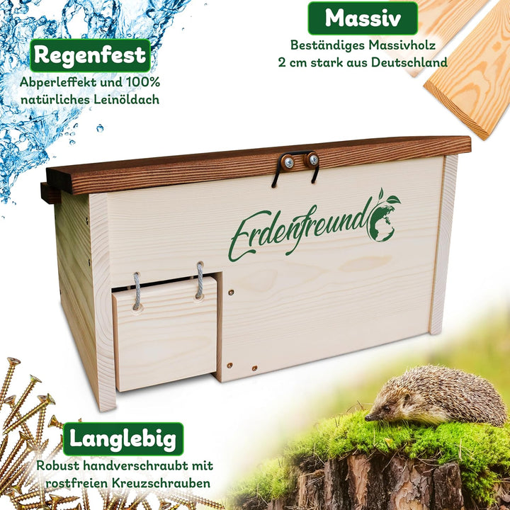 Erdenfreund® Igelhaus mit Rattenklappe, Sicherheitsverschluss & Labyrintheingang gegen Fressfeinde I