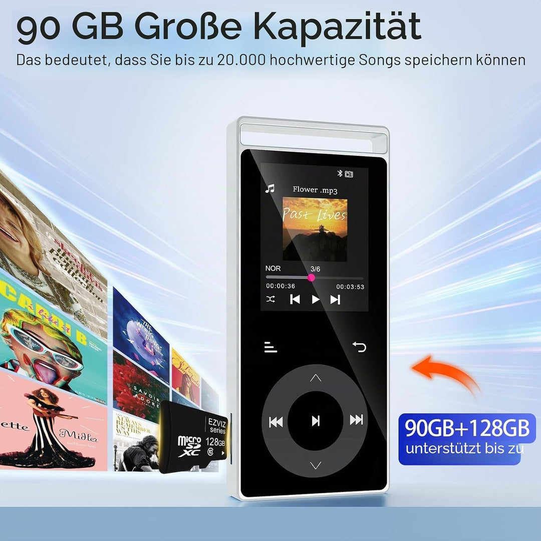 90GB MP3 Player Bluetooth 5.3, MP3-Player mit HiFi-Sound Touch-Tasten | MP3 mit Musik, Farbdisplay,