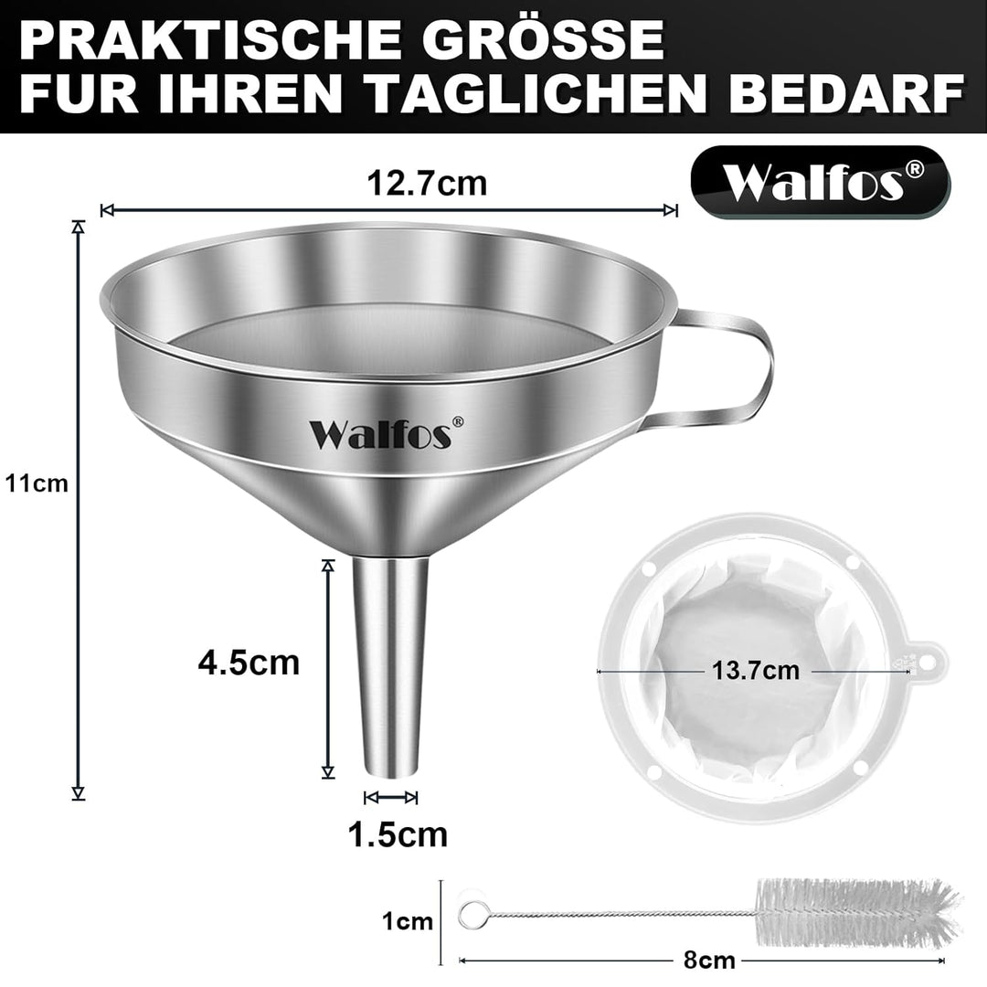 Walfos Trichter edelstahl, mit 2 abnehmbaren Sieben ＆ 1 Stück Reinigungsbürste, 200 Mesh Lebensmitte