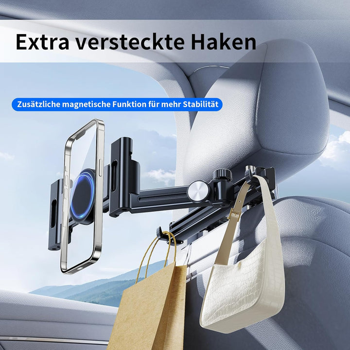 für iPad Tablet Halterung Auto, Ausziehbar KFZ Tablet Halter Kopfstütze【Mit Haken*2】 Magnetische Han