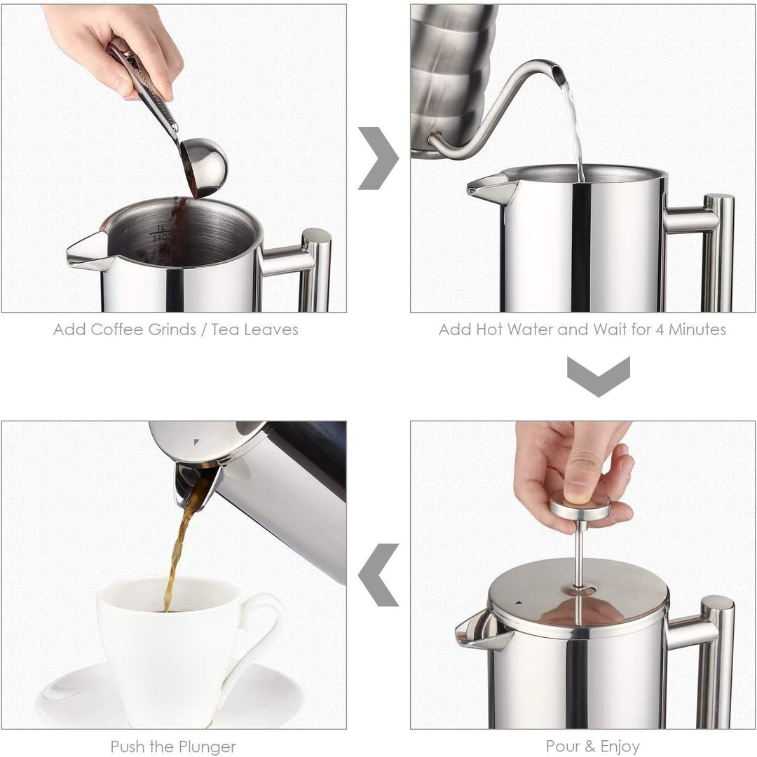 MaxMiuly Kaffeebereiter French Press 1,5 Liter Kaffeezubereiter aus Edelstahl, Doppelwandig Isoliert