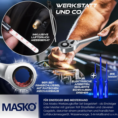 MASKO® Werkzeugkoffer 969-teilig gefüllt | Werkzeugset im Aluminiumkoffer | Werkzeugkasten mit Rolle