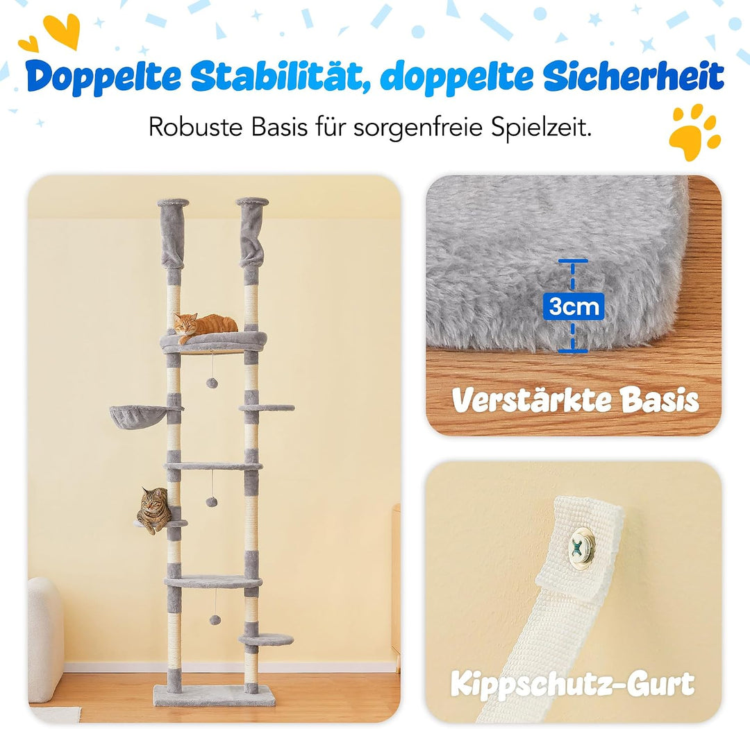 Deckenhoher Katzenbaum 234-259 cm höhenverstellbar, 2-Säulen-Design mit 12 Sisal-Pfosten, mehrstöcki