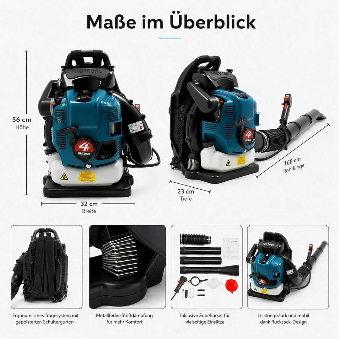 Laubbläser Benzin Rucksack 75,6 CCM 4-Takt 498 CFM Luftvolumen | 2600 W 7000 U/min Ideal für Rasenpf