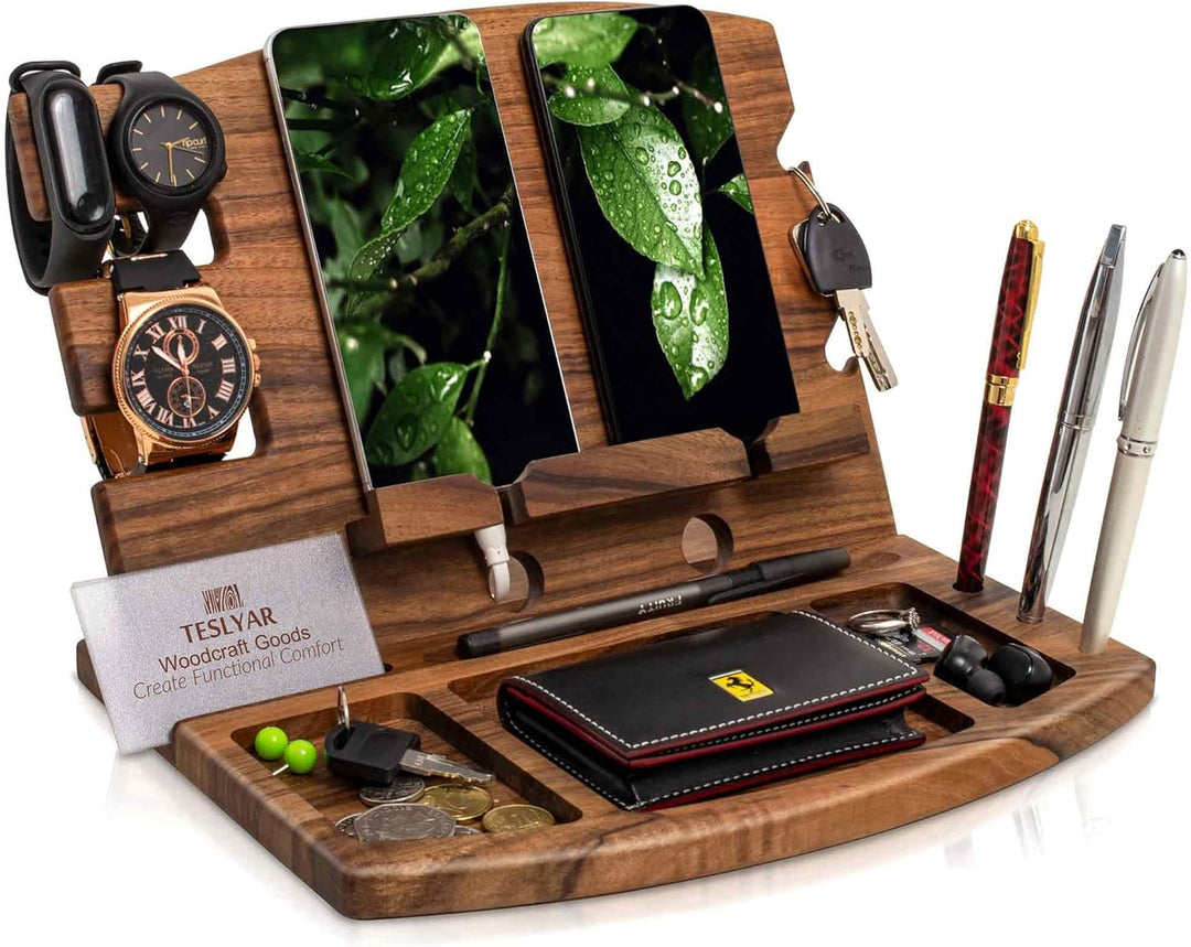 Holz Doppelte Telefon Dockingstation Nussbaum Geldbörsenständer Schlüsselhalter & Uhren Organisator