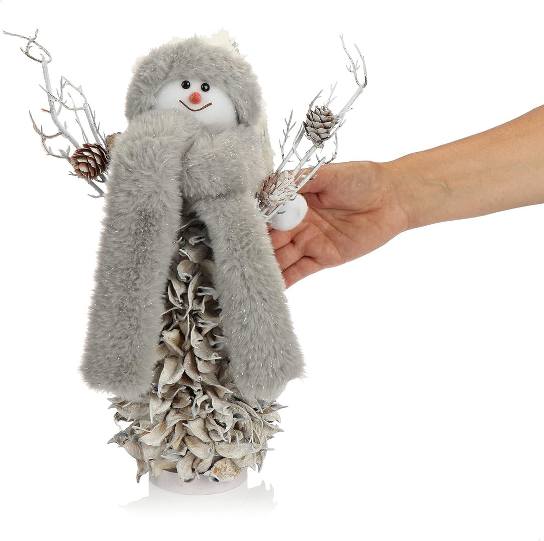 com-four® Schneemannfigur Grösse L Premium, winterliche Dekofigur mit Zapfenkörper aus Blättern, Han