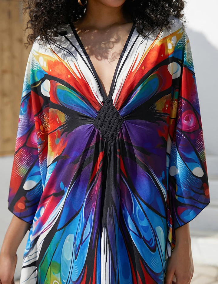 Bsubseach Damen Ethnic Print Kaftan Beach Dress Plus Size Strandkleid Bunter Schmetterling, Bunter S