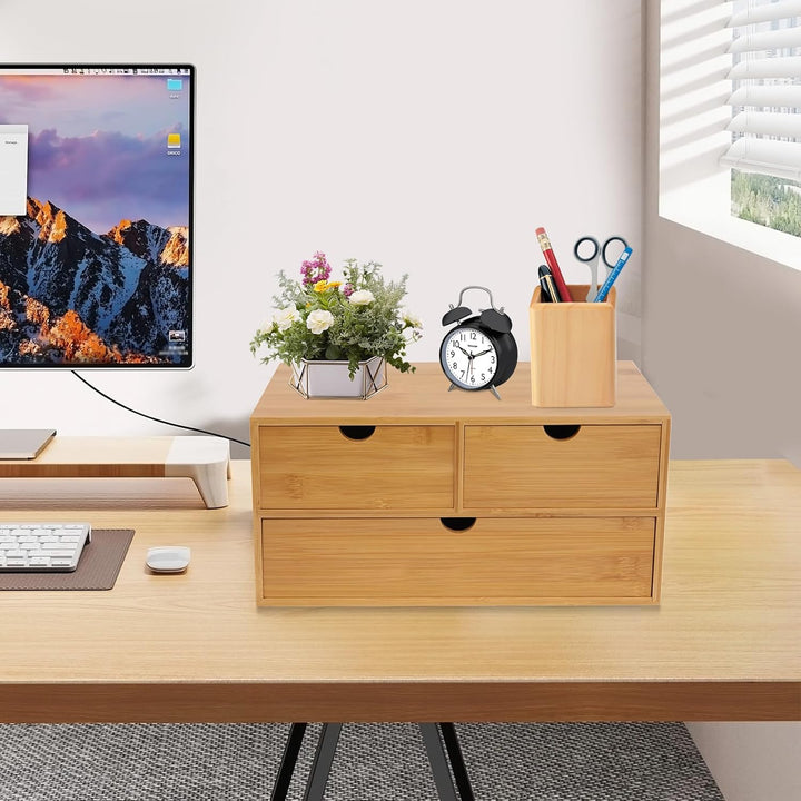 Bambus Schreibtisch-Organizer mit 3 Schubladen | 33x19x16cm Naturfarben | Schubladenbox für Büro & K