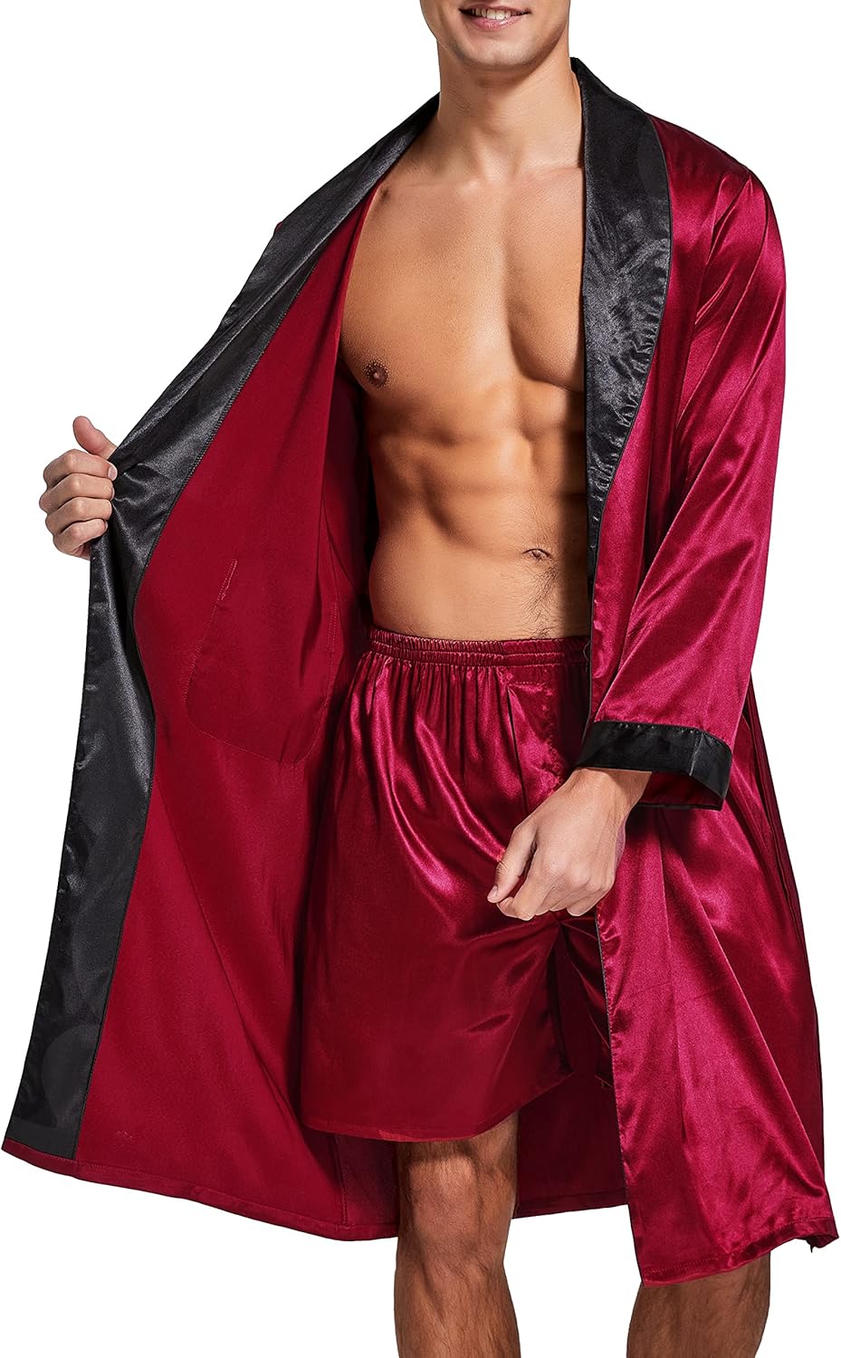 Herren Satin Bademantel, Leichter Seiden Langarm Bademantel mit Shorts Set, Spa Kimono Nachtwäsche X