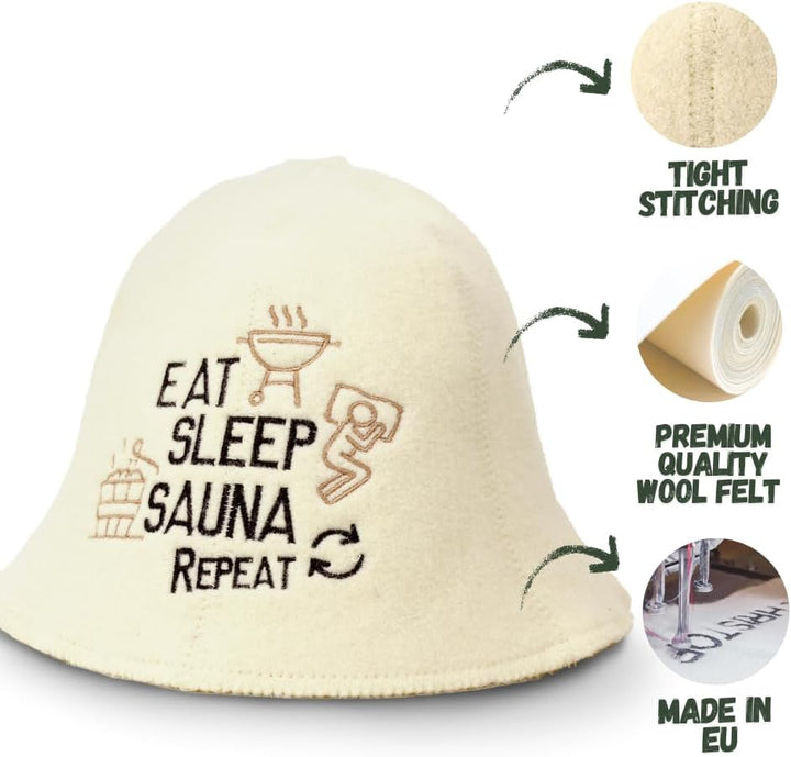 Sauna Guru Saunahut 'Eat, Sleep, Sauna, Repeat' White - 100% organische Wollfilzmützen - Schützen Si