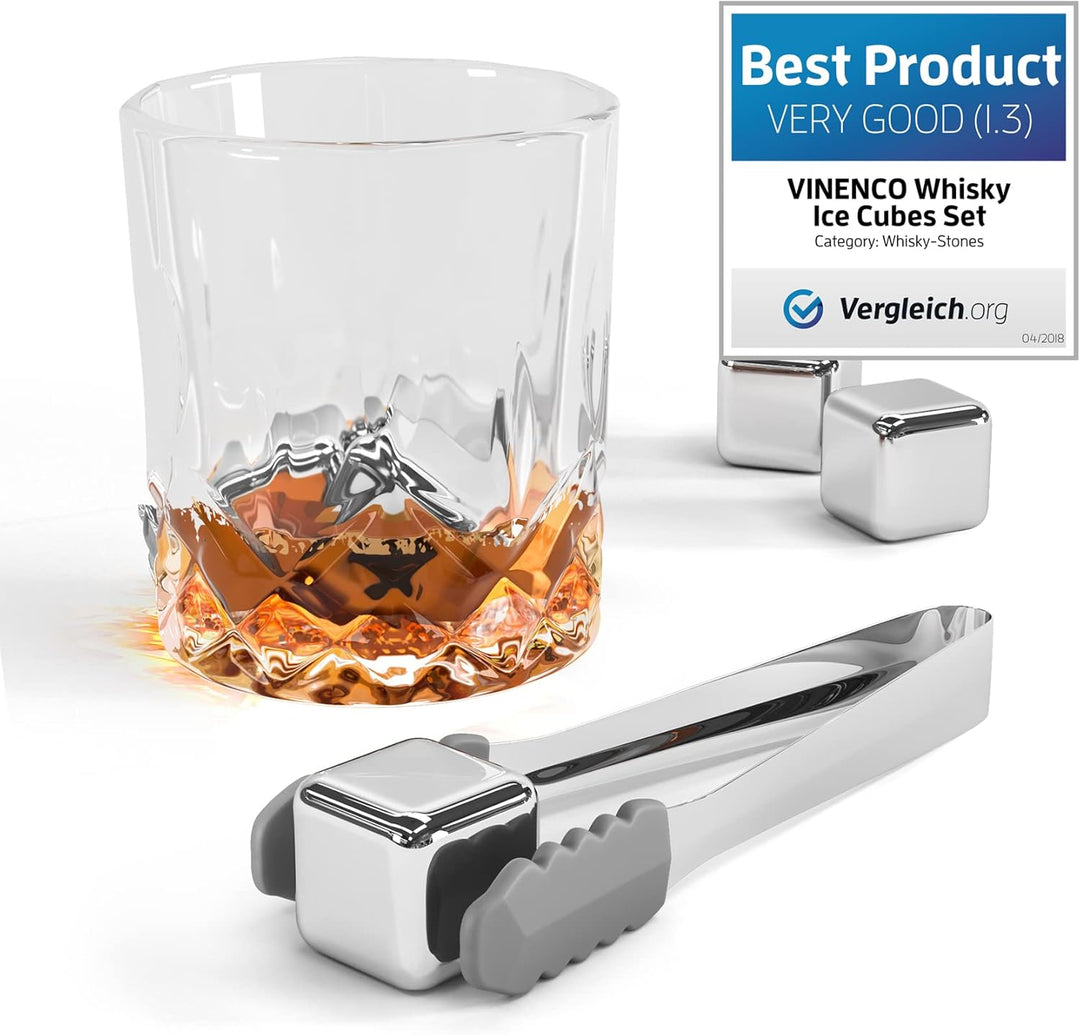 Whisky Steine Set - 8 Wiederverwendbare Edelstahl Eiswürfel, Zange + Stoffbeutel, Whiskey Ice Cubes