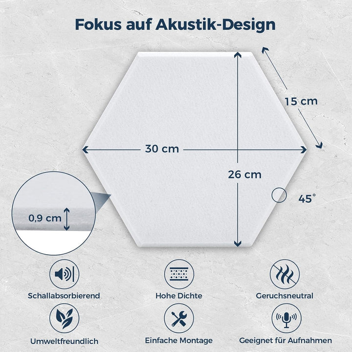 18 Stück Hexagon Akustikplatten Selbstklebend, 30 x 26 x 0,9 cm Hohe Dichte Akustikpaneele, Schallsc
