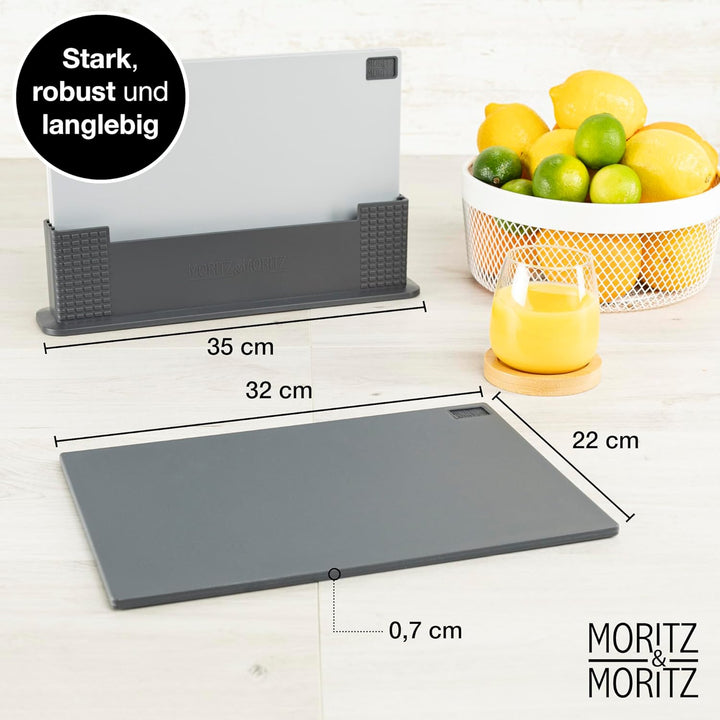 Moritz & Moritz 3x Schneidebrett Kunststoff Set - 32 x 22 cm - Im praktischen Ständer – Küchenbrett