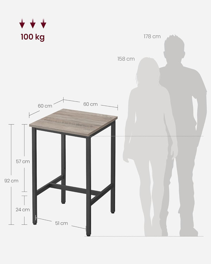 VASAGLE Bartisch, Stehtisch, Küchentisch, hoch, mit Stahlgestell, 60 x 60 x 92 cm, einfache Montage,
