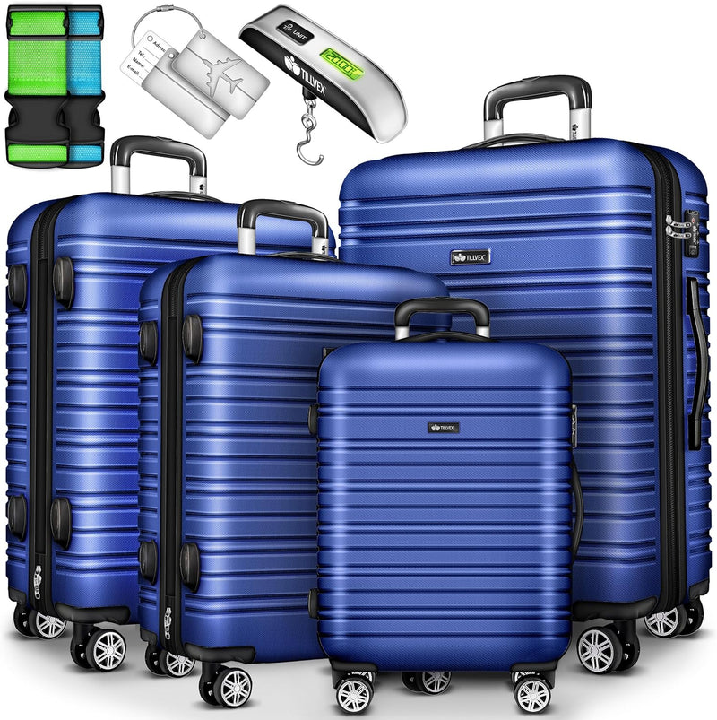 tillvex® Reisekoffer Set 4-teilig mit Gepäckwaage, Koffergurte und Kofferanhänger | Hartschale Koffe
