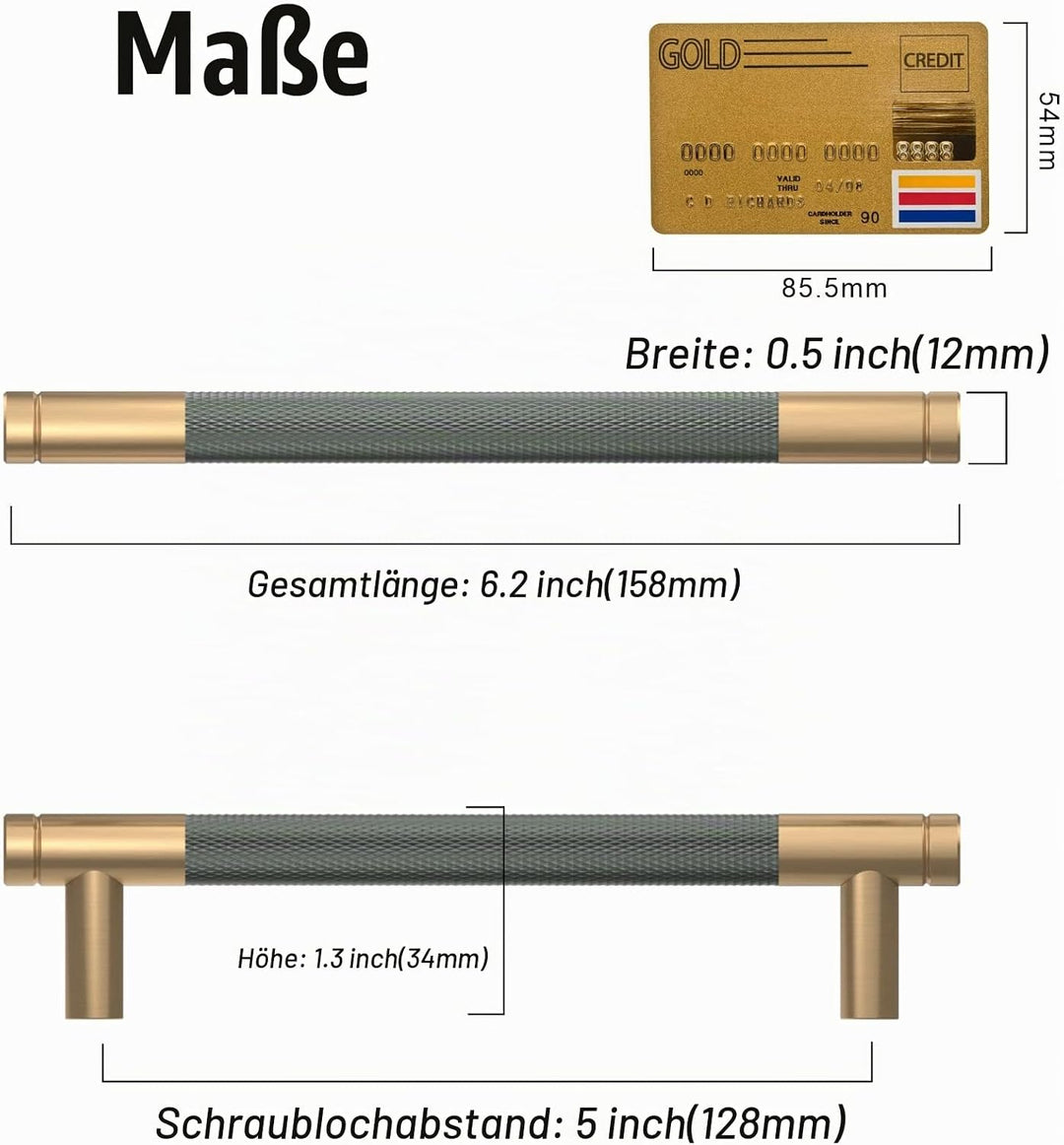 Amerdeco 10 Stück Gerändelte Schrankgriffe Goldgrau Griffe Möbel Möbelgriffe 128mm Lochabstand Türgr