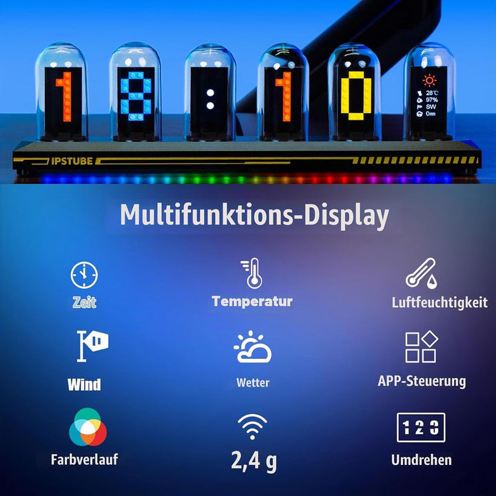 Nixie-Röhrenuhr, buntes RGB, anpassbares digitales Fotoalbum, Neuer Wettermodus, 5-Zoll-IPS-Bildschi