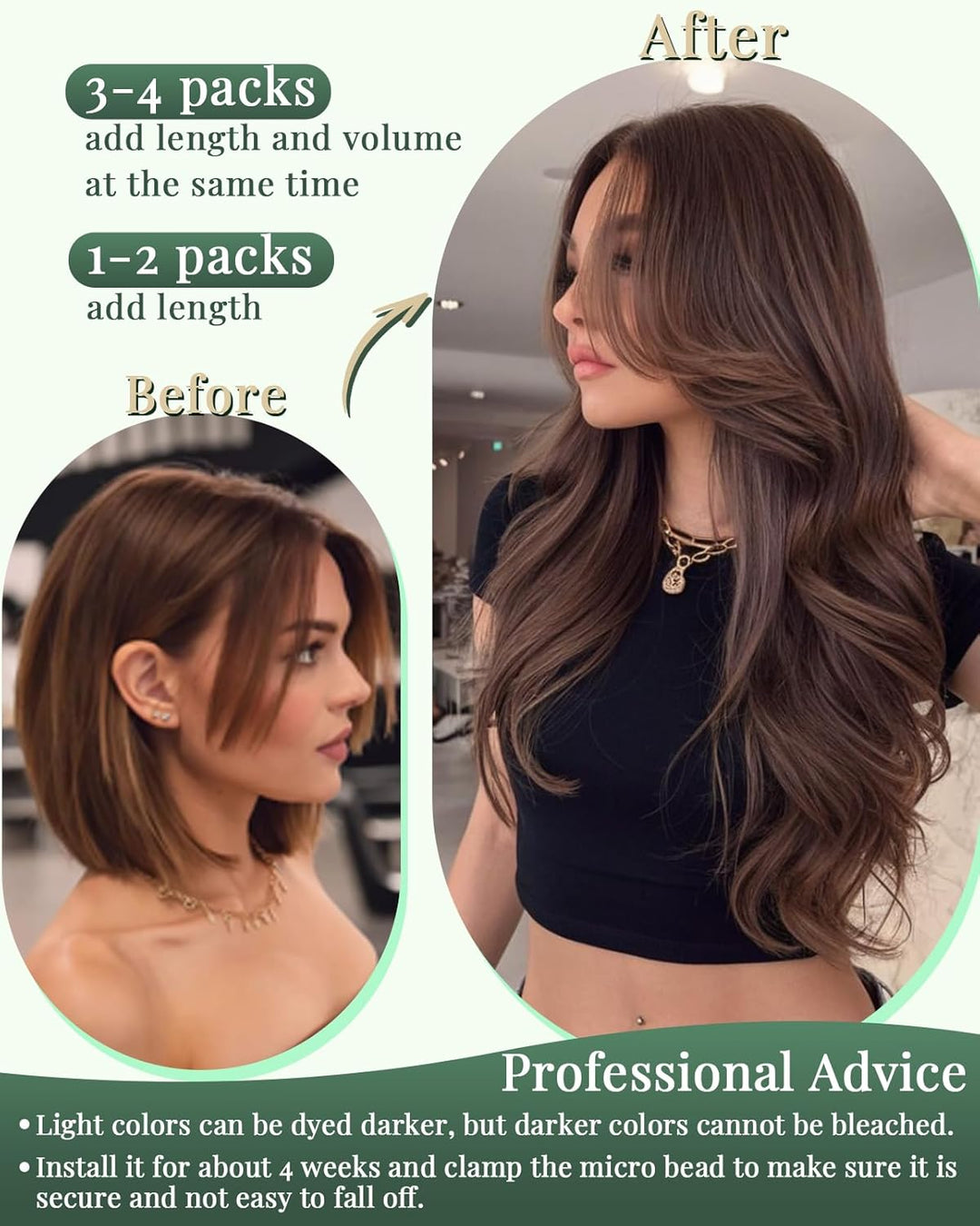 Ugeat Micro Bonding Extensions Echthaar P4/27 Dunkelbraun zu Karamellblond Gesträhnt Extensions Micr